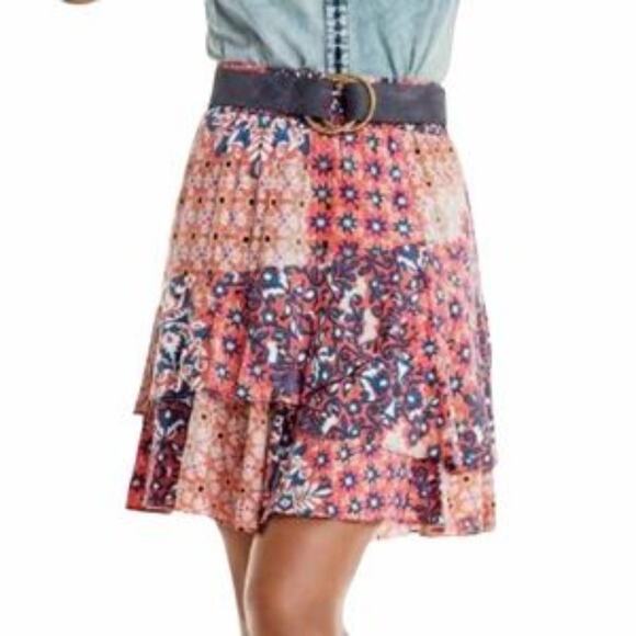 CAbi Isabel Patwork Boho Mini Skirt XS Pink Purple Asymmetrical Tiered Ruffled - Picture 11 of 14